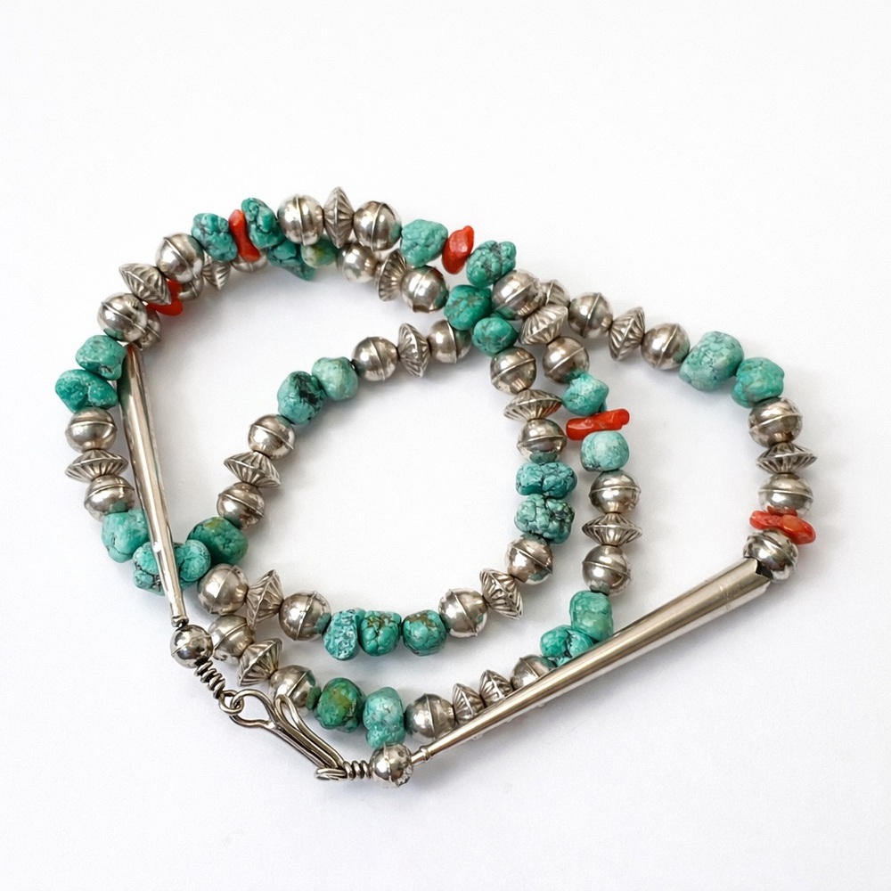 ✨ Vintage Navajo Sterling Silver Bench Beads Turquoise & Coral Necklace ✨